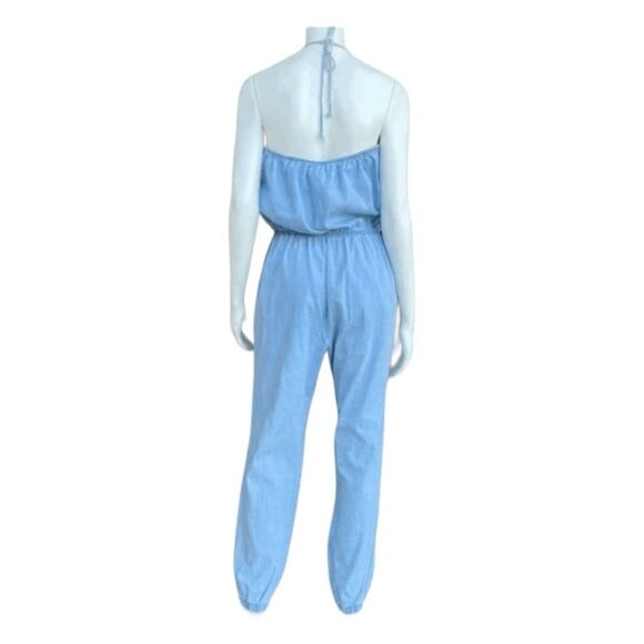 Mimi Chica Halter Chambray Jumpsuit Light Blue Knit Open Back V-Neck Tie Back - Picture 3 of 7